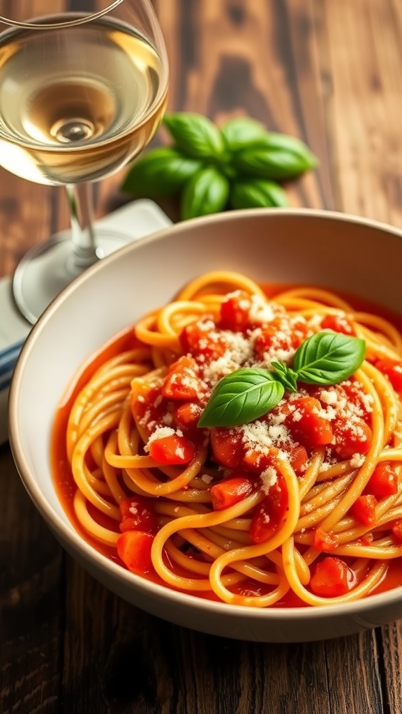 Creamy tomato vodka pasta garnished with basil and Parmesan cheese on a wooden table with a glass of wine.